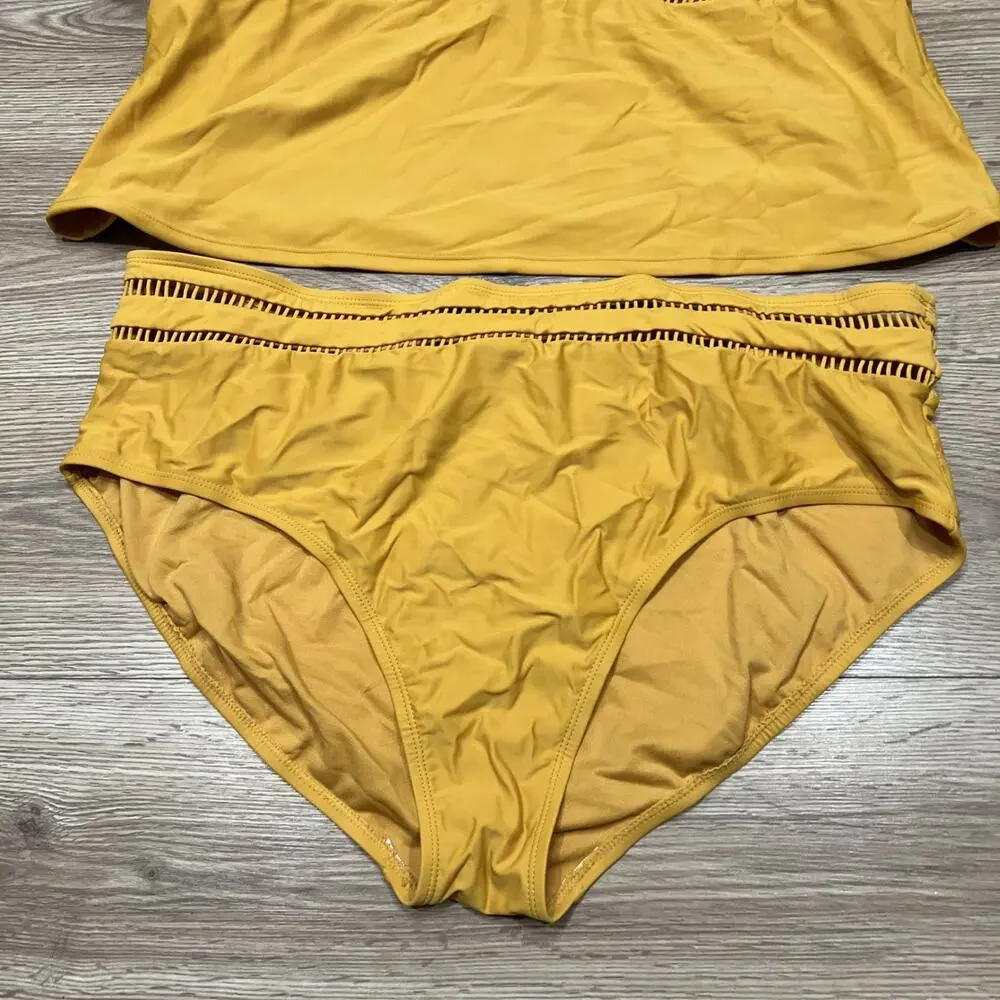 Time And Tru Women’s Mustard Yellow Tankini Swim Set Cutout Detail Size 3X (A77)